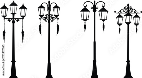 Ornamental street lamp post silhouettes with decorative lanterns, vintage scrollwork, urban lighting design, architectural detail, classic style, outdoor illumination inspiration