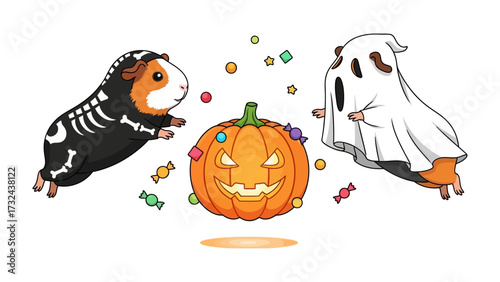Halloween Guinea Pig Pals: Two delightful guinea pig dressed in spooky Halloween costumes as one dressed in a skeleton costume and the other in a ghost costume , complete with a glowing pumpkin.