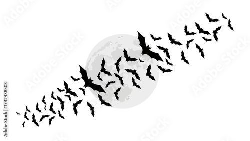Halloween Night Flight: A shadowy flock of bats takes flight against the backdrop of a full moon, creating an atmosphere of mystery and the spooky spirit.