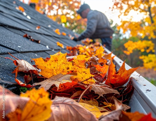 roof gutter full of fall leaves