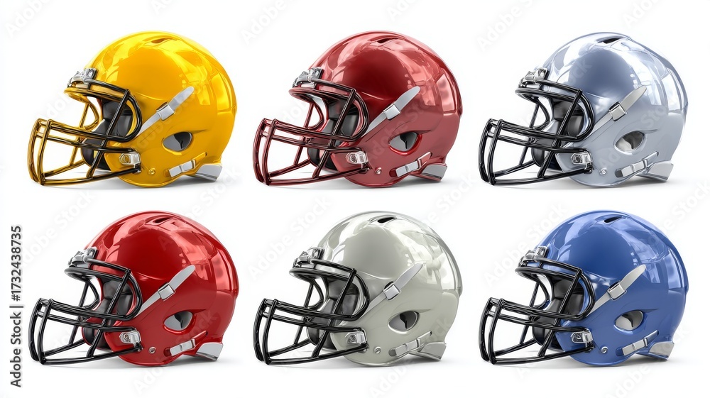 Naklejka premium Set of isolated american football helmets on white background sports equipment protective safety gear for training practice and game concept