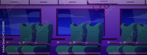 Train interior with green seats and windows vector flat illustration, passenger transport railway cabin with chairs