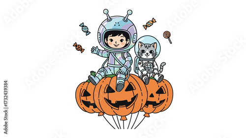 Astronaut Kid on Halloween: A charming illustrated image features an astronaut child alongside an astronaut cat, merrily perched atop whimsical jack-o'-lanterns, surrounded by floating candies.