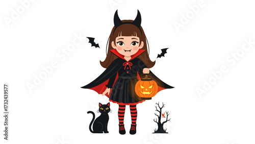 Halloween Costume illustration: A charming young girl, adorned in a playful devil costume, radiates the festive spirit of Halloween, holding a glowing Jack-o'-lantern against a clean backdrop.
