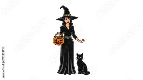 Mysterious Witch and Her Feline Companion: A captivating illustration of a witch, embodying spooky Halloween magic, accompanied by her sleek black cat, ready for a night of eerie enchantment. 