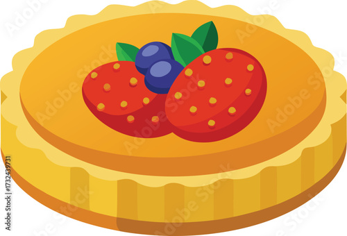 Delicious fruit tart with strawberries and blueberries on a yellow crust