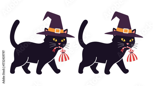 Halloween Cat Duo: Two charming black cats, each adorned with a whimsical witch hat and a treat-filled bag, stroll through the vibrant spirit of Halloween.