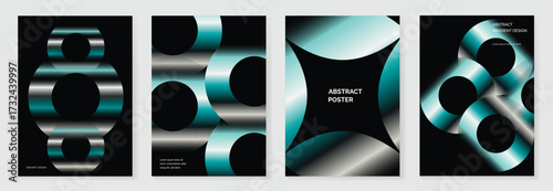 Modern gradient poster on dark background vector set. Minimalist cover template with vibrant perspective geometric prism shapes in motion. Ideal design for social media, cover, banner, flyer.