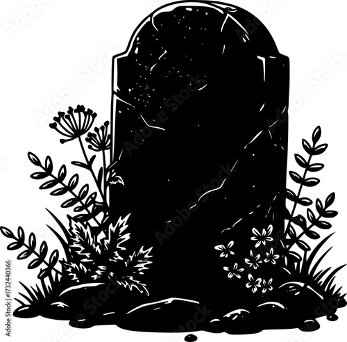 Stone tombstone surrounded by plants and rocks, black and white illustration. Vector illustration

