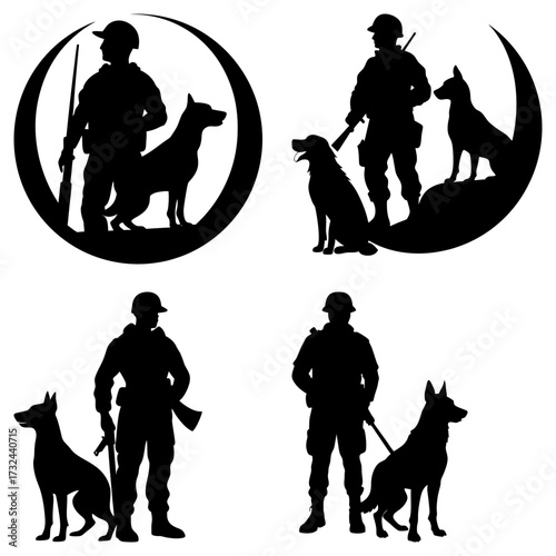 Silhouette illustrations of soldiers with rifles accompanied by dogs in various poses and compositions