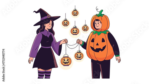 Halloween Duo with Pumpkins: A witch and a pumpkin man decorate for Halloween. Featuring vibrant colors and festive flair, with the essence of Halloween celebration.
