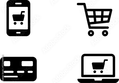 Digital shopping icons representing online purchase convenience on various devices