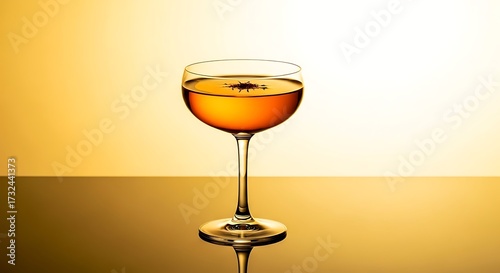 Elegant Cocktail Glass with Beetle Floating in Amber Liquid on Gradient Background