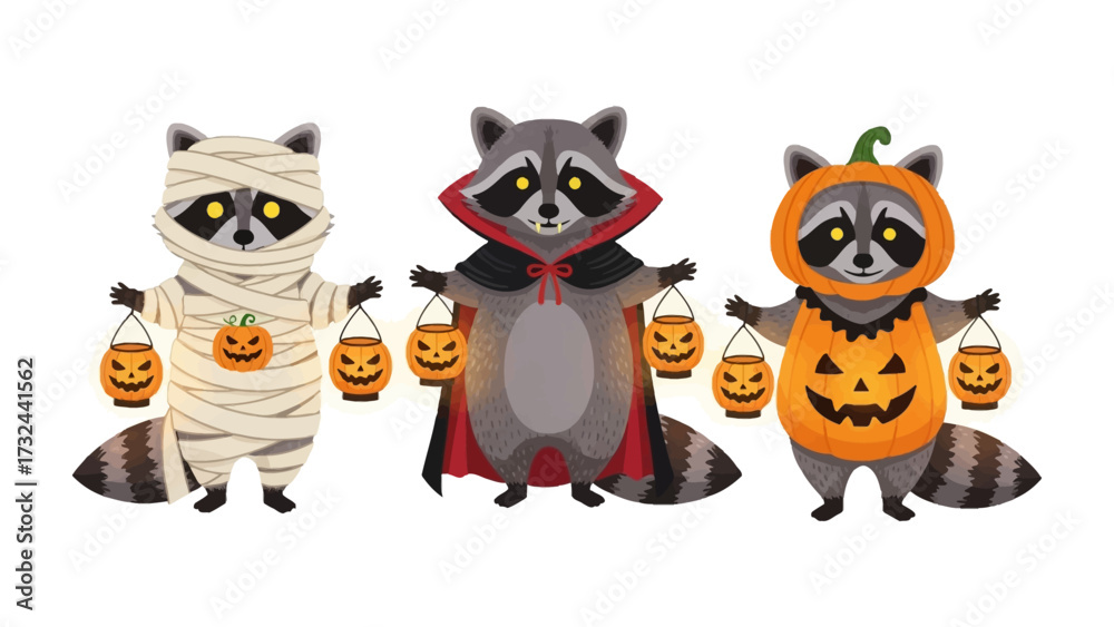 Obraz premium Halloween Raccoon Trio: Adorable raccoon characters dressed in Halloween costumes—mummy, vampire, and pumpkin—bring spooky charm to the season.