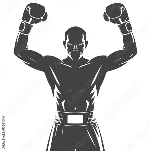 Fighter silhouette in victory stance with raised boxing gloves vector illustration