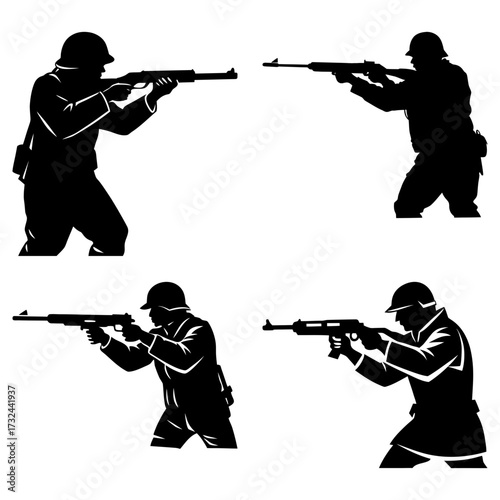 Silhouette illustration of four soldiers in combat gear aiming rifles in different positions on a white background