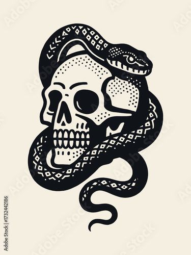 Snake and skull engraving style vector illustration