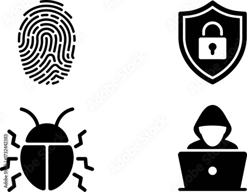 Cybersecurity icons representing identity, protection, malware, and hacking threats