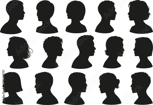 Human head silhouette, hairstyle profile, black vector heads, diverse haircuts, male and female side view, artistic design, icon set