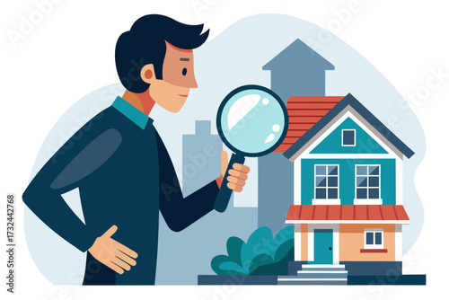 Vector illustration of a male holding magnifying glass searching for a modern house isolated on white background, symbolizing real estate property search and investment concept