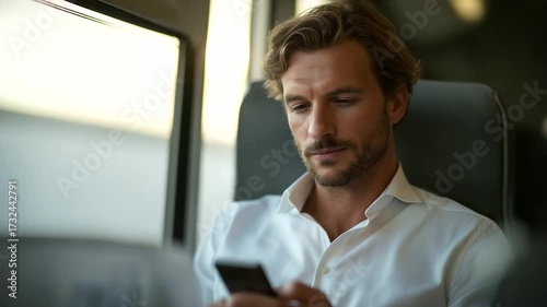 male MBA candidate checking market share chart on smartphone on train faint rumble of tracks subtle ping of update three quarter wide angle cinematic color correction gentle back