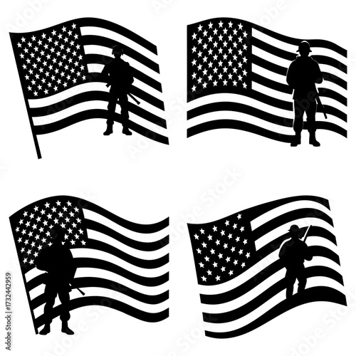 Four american flags with soldier silhouettes in black and white patriotic illustration art design