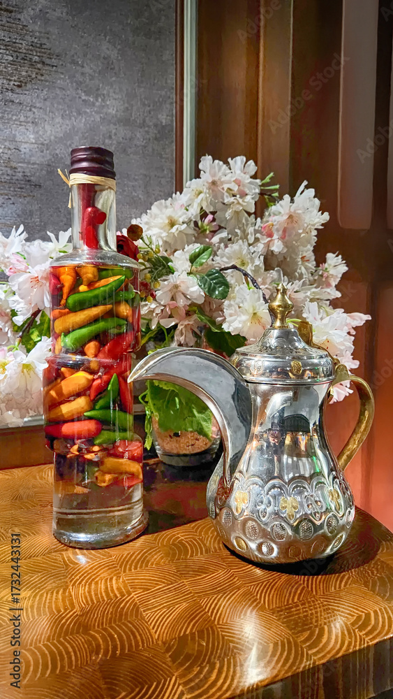 Fototapeta premium Pickles made in decorative glass jugs made of colorful vegetables on a wooden stand