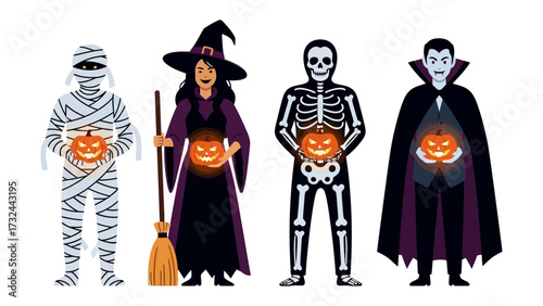 Enchanting Halloween Ensemble: A quartet of whimsical Halloween characters, including a mummy, witch, skeleton, and vampire, each clutching a glowing pumpkin.