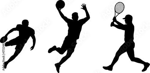 Dynamic silhouettes of athletes playing basketball, tennis, and football against a white background.