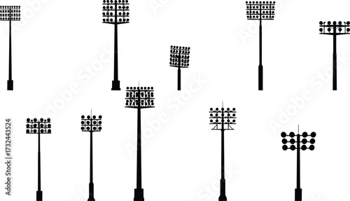 Stadium light pole silhouette set, floodlight vector illustration, sports field illumination design, outdoor arena lighting system, electricity infrastructure drawing, engineering lamp collection
