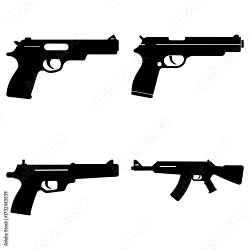 Illustration showing four different types of firearms including pistols and a rifle in black silhouette style