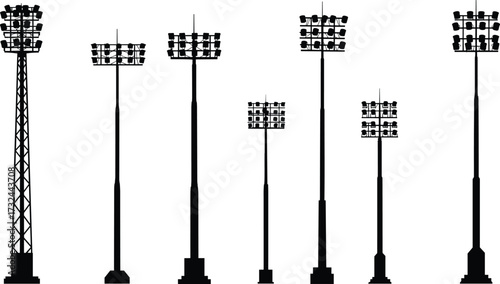Stadium light pole silhouette set, floodlight vector illustration, sports field illumination design, outdoor arena lighting system, electricity infrastructure drawing, engineering lamp post collection