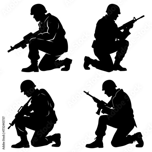 Silhouette depictions of soldiers in kneeling positions holding rifles in a black and white vector image