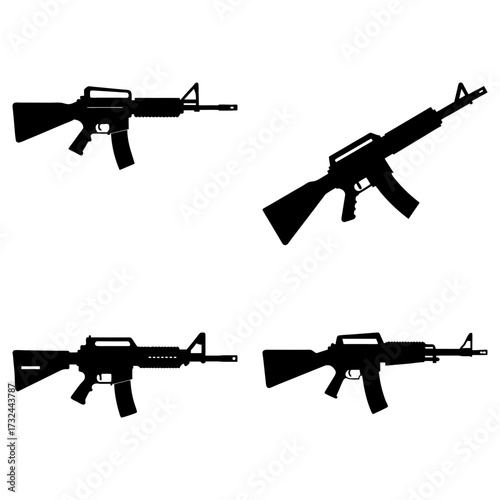 Illustration of four black rifle silhouettes in various positions on a white background design layout