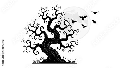 Spooky Night Scene: A monochrome artwork presents a haunting scene featuring a twisted, gnarled tree silhouetted against a bright moon, with foreboding crows in flight.