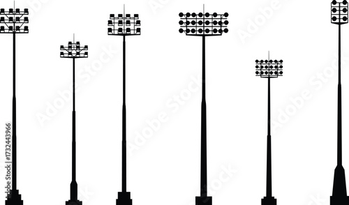 Stadium light pole silhouette set, floodlight vector illustration, sports field illumination design, outdoor arena lighting system, electricity infrastructure drawing, engineering lamp post