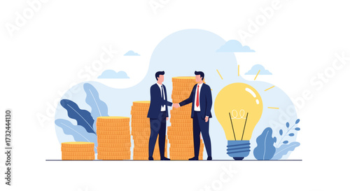 Businessmen shaking hands with a lightbulb and graph symbolizing success.