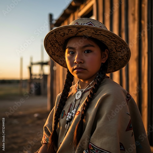 Young Indigenous Girl in Traditional Attire and Hat at Sunset