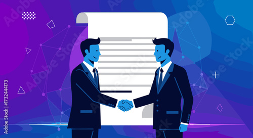 Two businessmen shaking hands in front of a contract document.