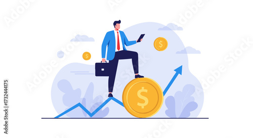 Businessman standing on coin with growth chart and money.