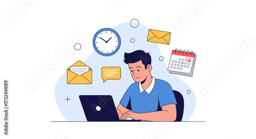 Man working on laptop with time management icons around him.