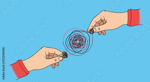 Two hands holding a spinning fidget spinner toy.