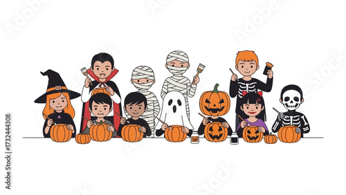 Halloween Group: A charming array of children, each dressed in a captivating costume, gather around their freshly carved pumpkins, capturing the festive spirit of Halloween.