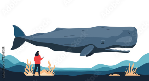 Giant sperm whale swims over a person in the ocean.