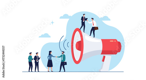 Business people communicate with megaphone and handshake.
