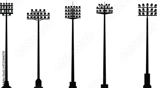 Stadium light pole silhouette set, floodlight vector illustration, sports field lighting design, outdoor arena illumination, electricity infrastructure drawing, engineering lamp post collection
