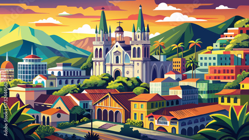 Manizales downtown and cathedral stand gracefully under clear blue sky, historic architecture blending with modern buildings, vibrant city life surrounds the cathedral, creating cultural harmony, 