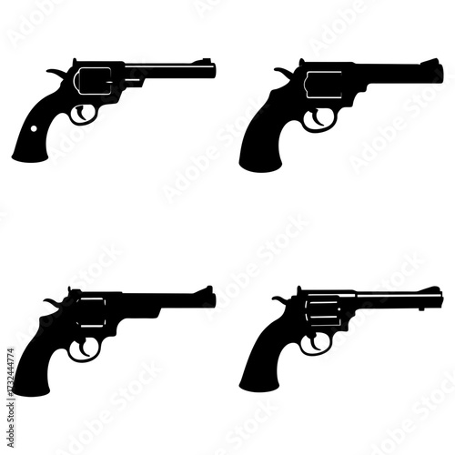 Four black silhouette revolver pistols arranged on a white background in a square formation pattern