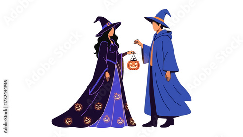 Halloween Wizards exchanging Halloween pumpkins : A wizard and a witch engaging in the halloween spirit.  Symbolizes  seasonal celebrations and the whimsical elements of All Hallows' Eve.  