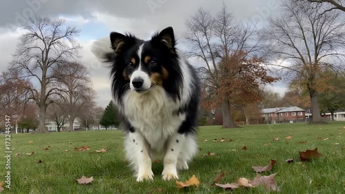 Adorable Canine with Monochromatic Coat Enjoying Stroll Through Public Garden During the Transition from Autumn to Winter